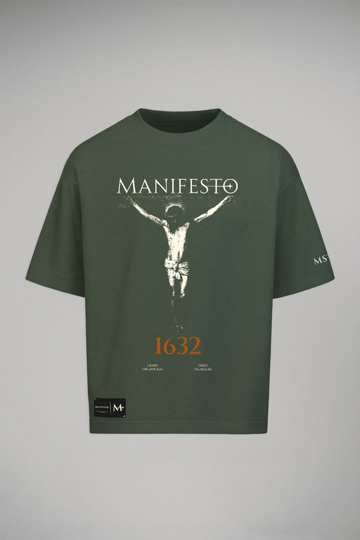 Camiseta Oversize Cristo Crucificado Verde Pino